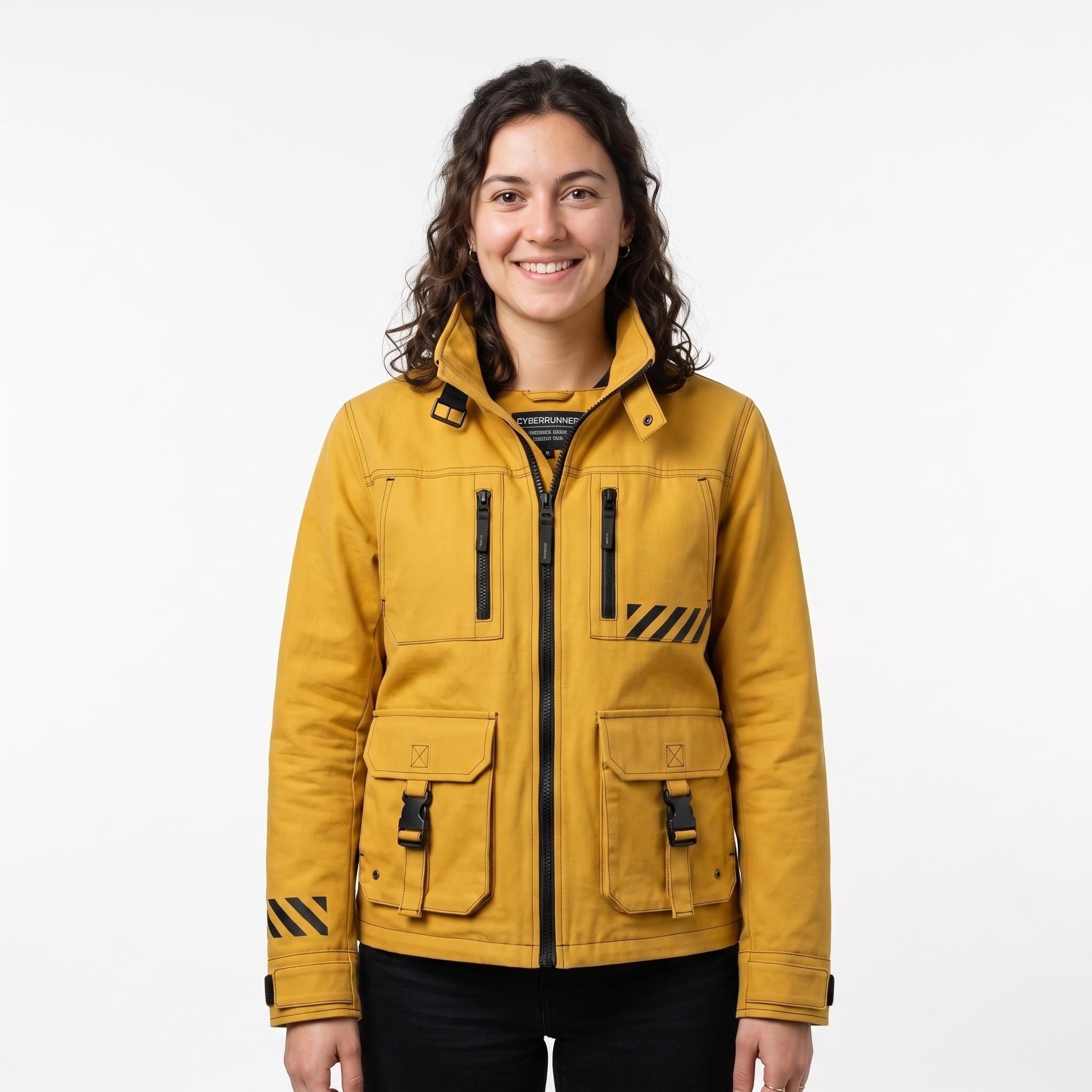 Women's Yellow Techwear Jacket Women, Cyberpunk Streetwear High-Collar Cotton Coat