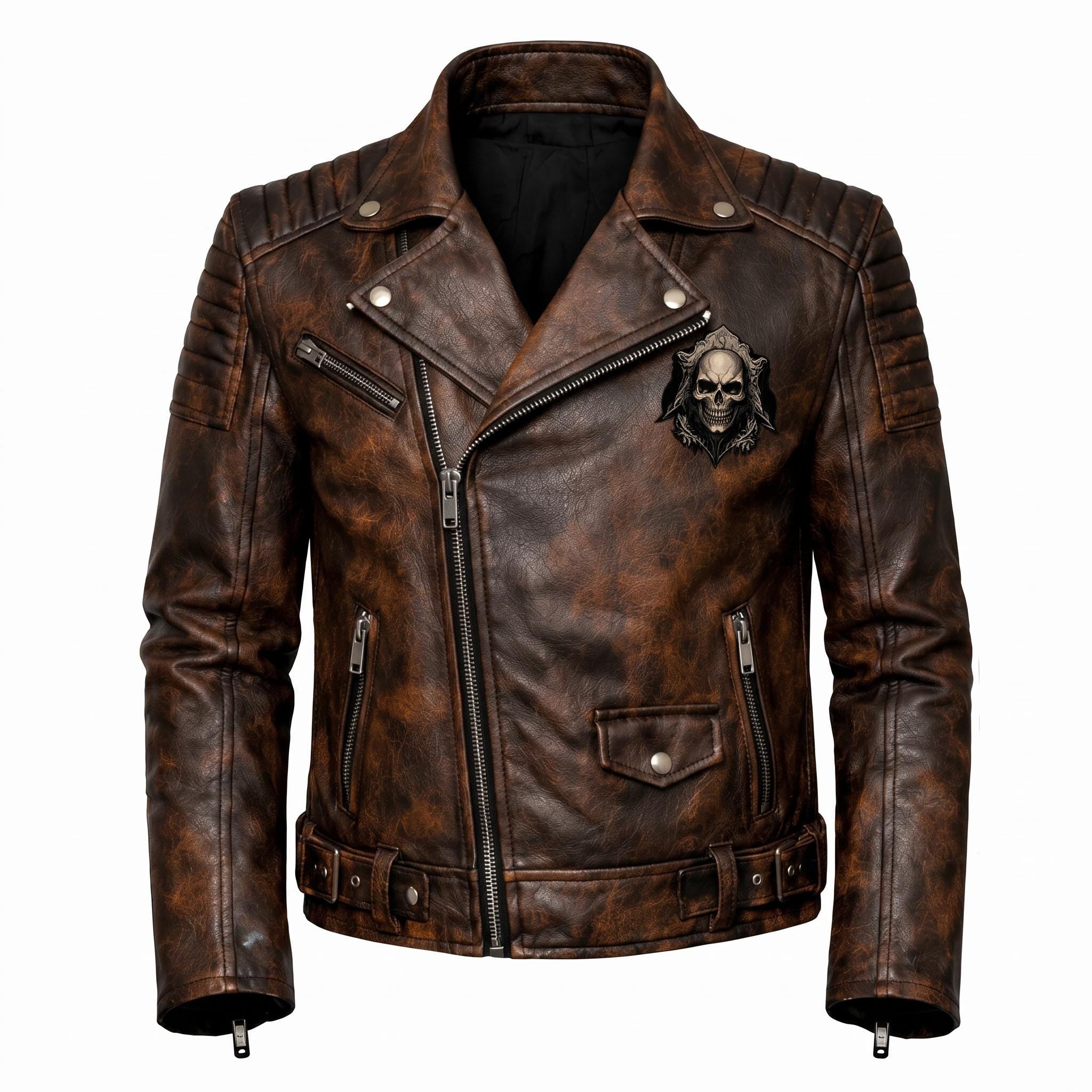 Motorcycle jacket with skull back | brown leather biker jacket | vintage moto style