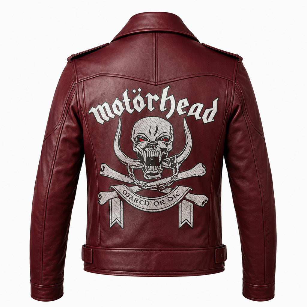 Motorhead Inspired Leather Biker Jacket | Skull Printed Leather Jacket | Men's Burgundy Leather Motorcycle Jacket