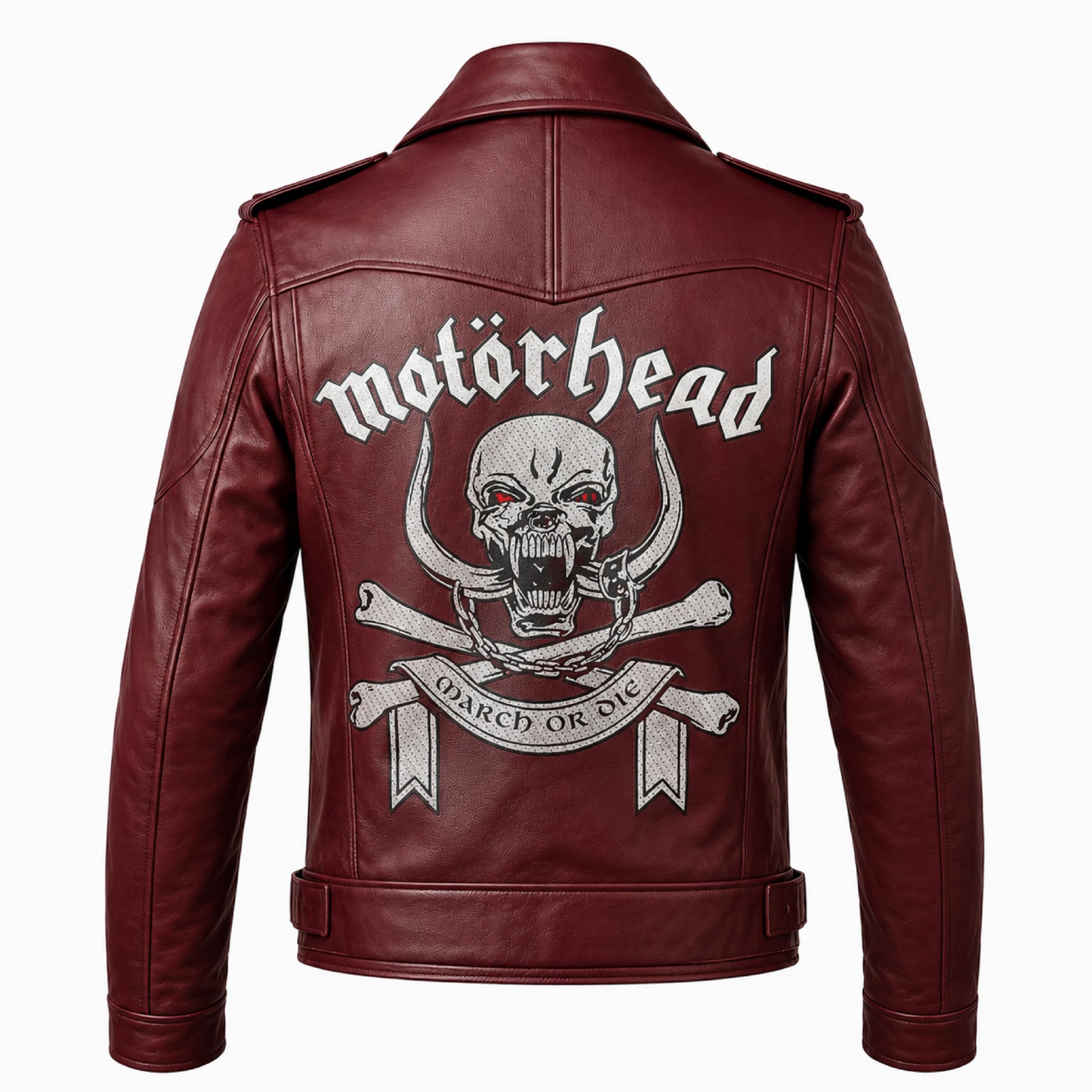 Motorhead Inspired Leather Biker Jacket | Skull Printed Leather Jacket | Men's Burgundy Leather Motorcycle Jacket
