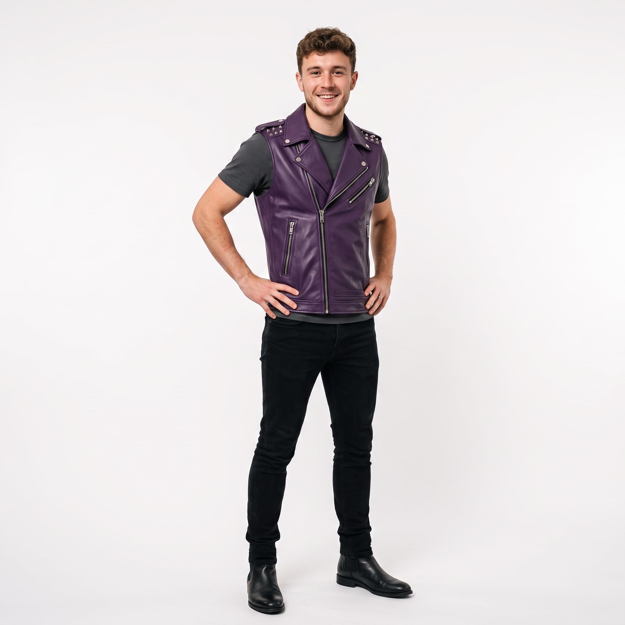 Men's Handmade Purple Leather Biker Vest | Studded Punk Rock Motorcycle Jacket
