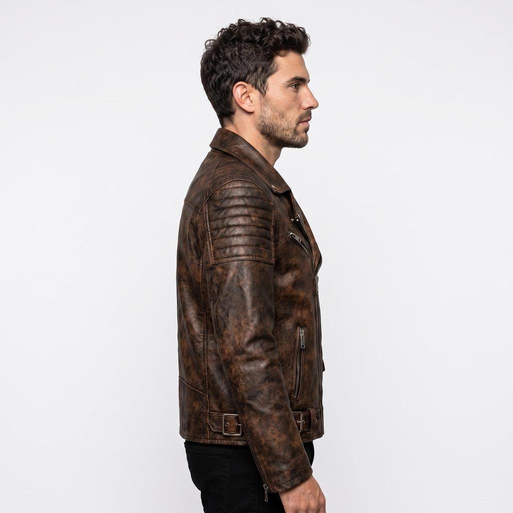 Men's motorcycle jacket with skull back | brown leather biker jacket | vintage moto style