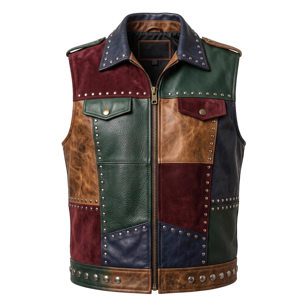 Men's Patch Leather Vest | Printed Leather Jacket | Handmade Patchwork Leather Vest | Studded Biker Vest