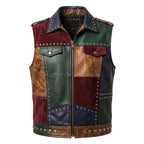Men's Patch Leather Vest | Printed Leather Jacket | Handmade Patchwork Leather Vest | Studded Biker Vest