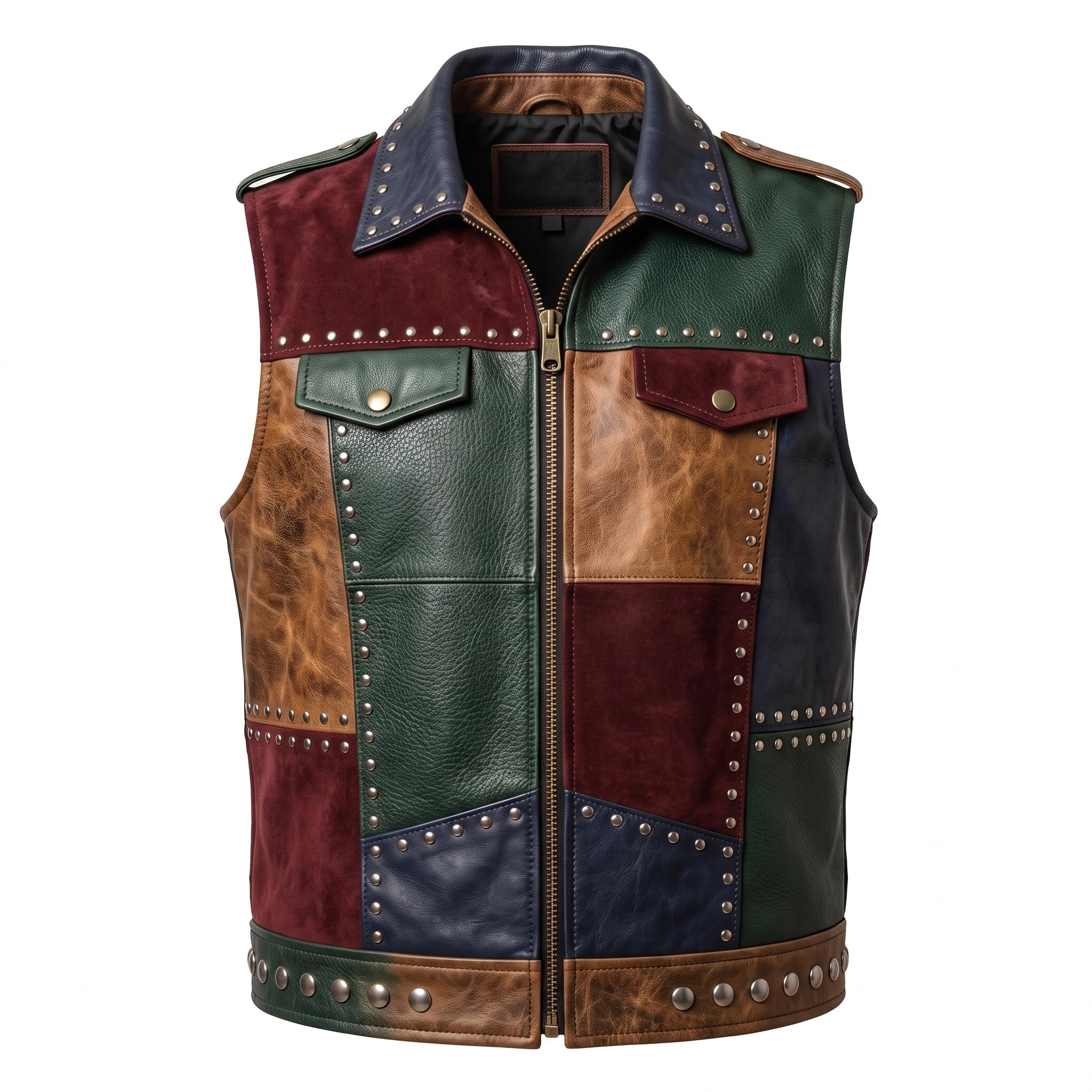 Men's Patch Leather Vest | Printed Leather Jacket | Handmade Patchwork Leather Vest | Studded Biker Vest