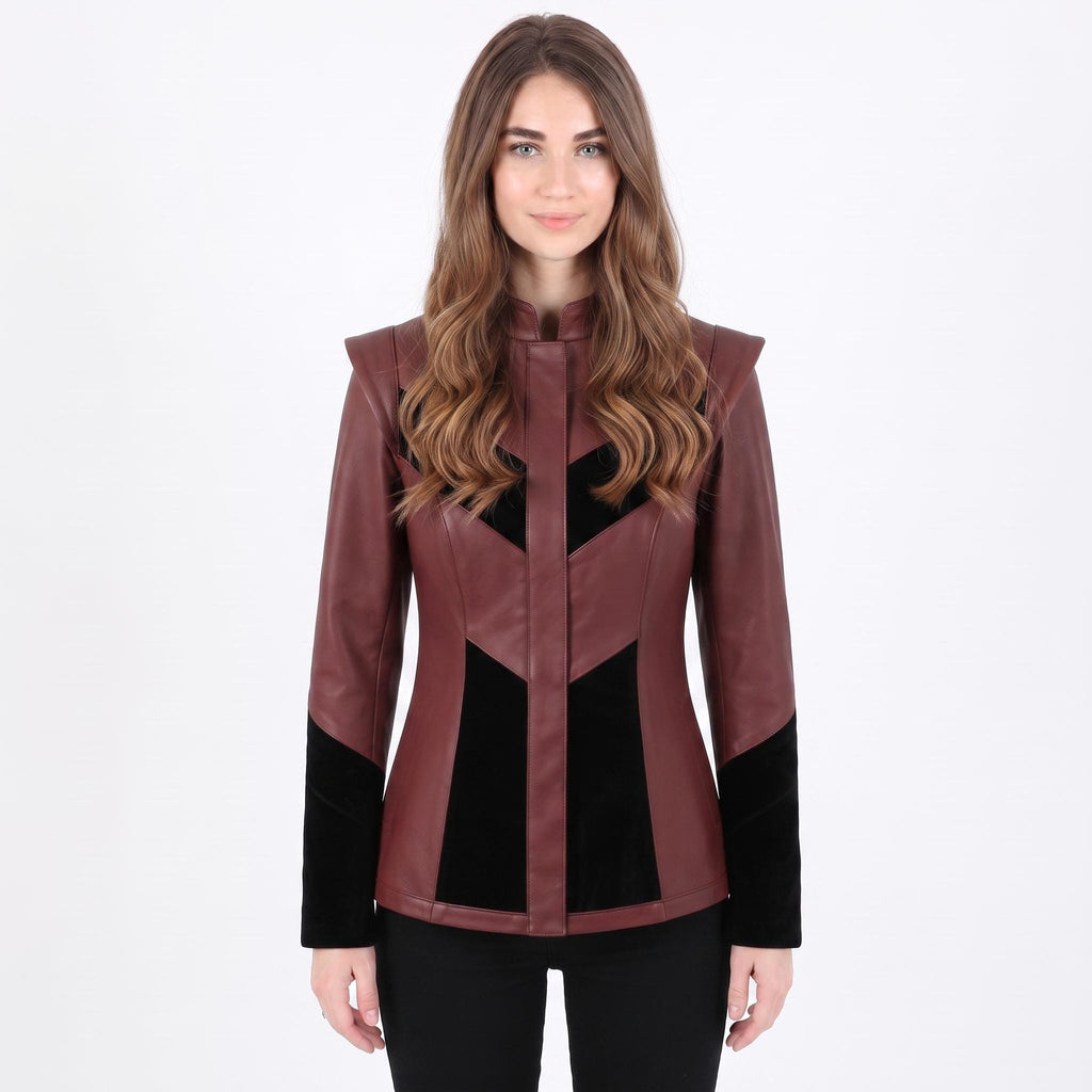 Burgundy Leather Velvet Jacket | Gothic Victorian Steampunk Fitted Coat