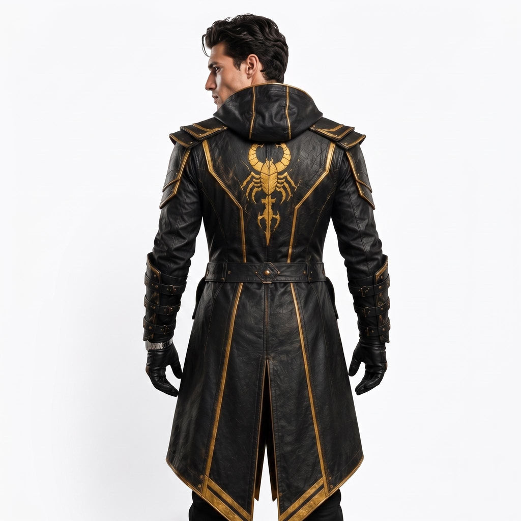 Men's Scorpion Leather Hooded Coat | Black Gold Armor Cosplay Jacket | Fantasy LARP Outfit