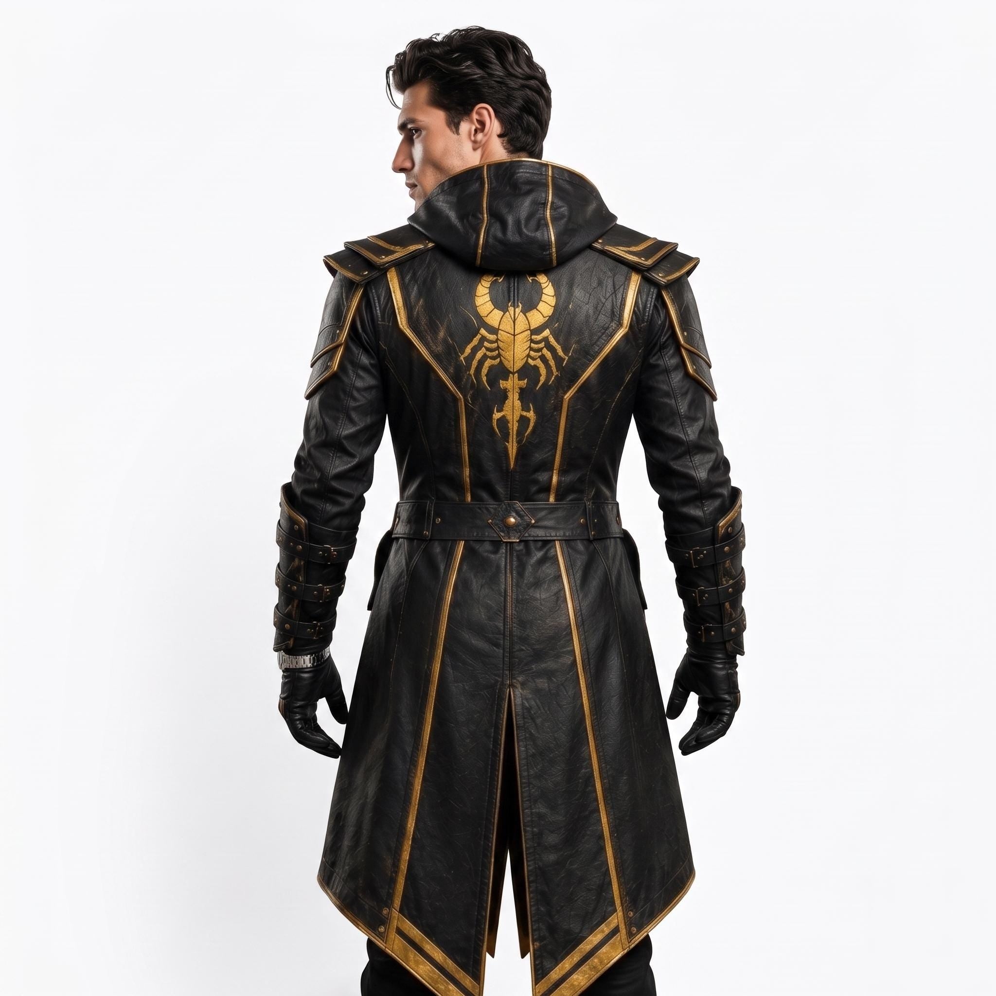 Men's Scorpion Leather Hooded Coat | Black Gold Armor Cosplay Jacket | Fantasy LARP Outfit