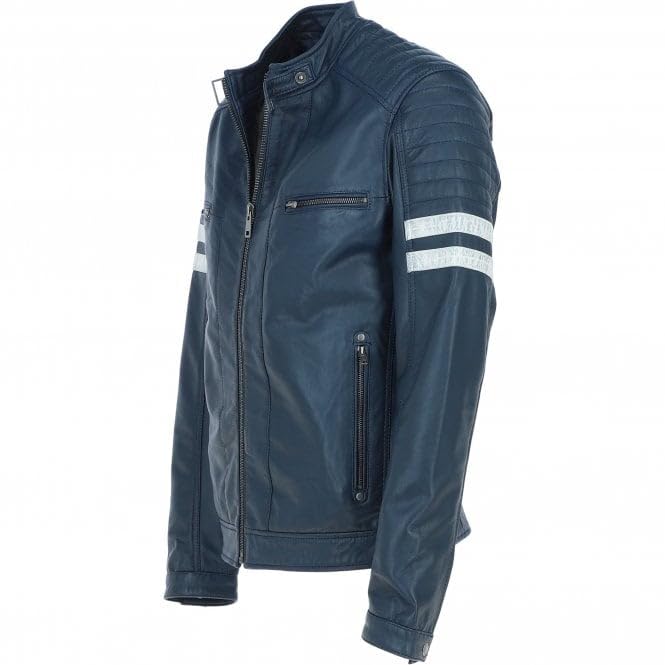 Men's Real Leather Biker Jacket With Stitch Detailings Navy