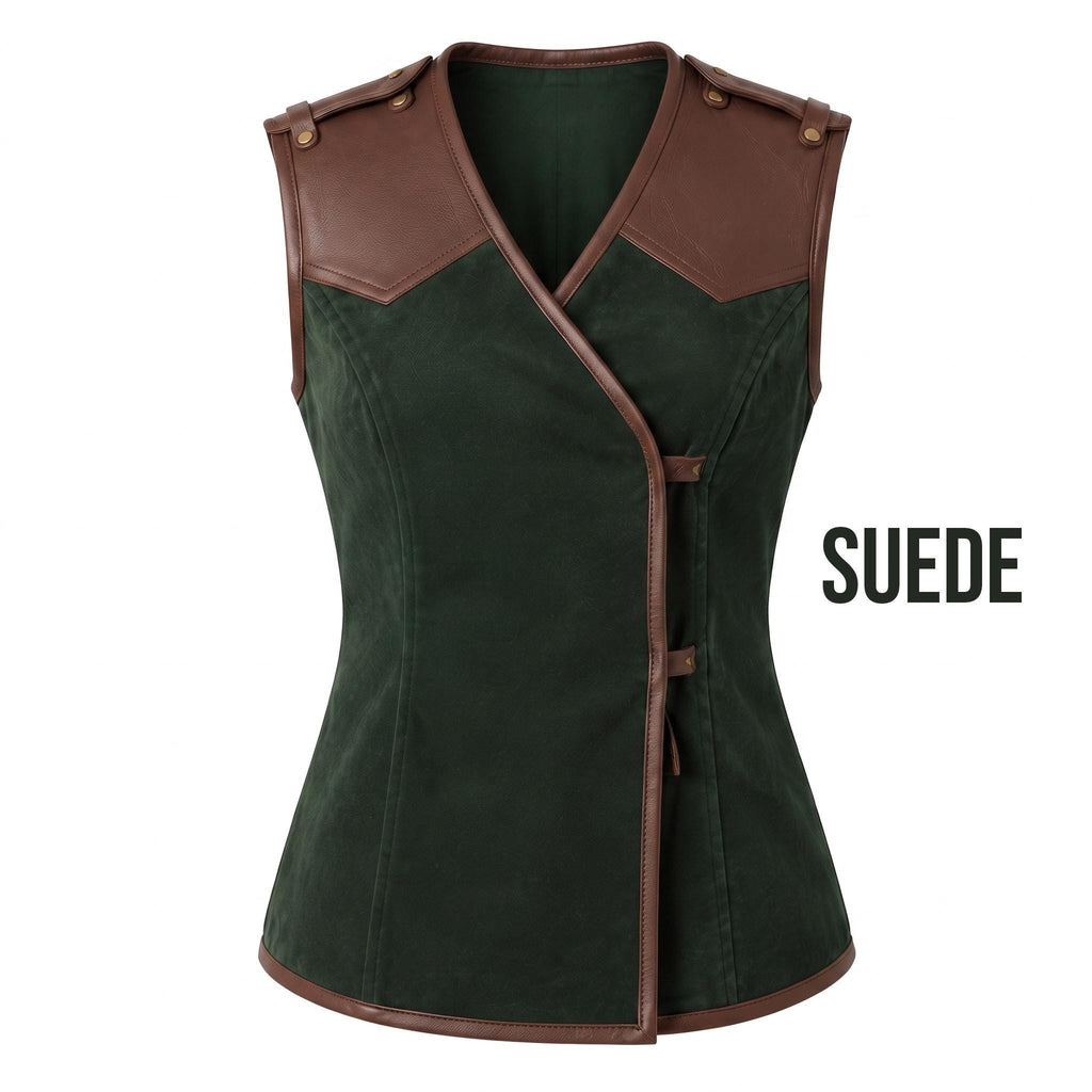 Women's Forest Green Suede Vest: Engraved Mountain Landscape, Leather Accents, Cottagecore Outerwear