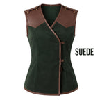 Women's Forest Green Suede Vest: Engraved Mountain Landscape, Leather Accents, Cottagecore Outerwear