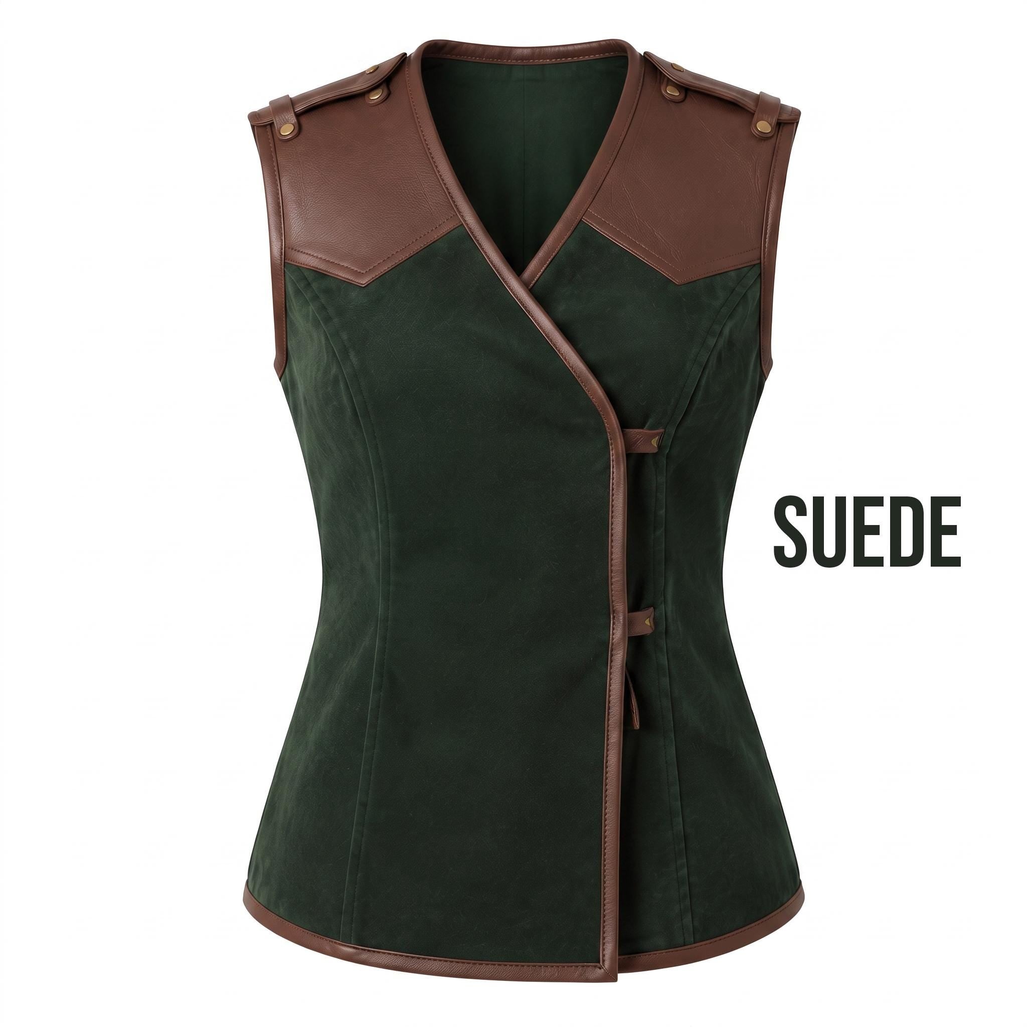 Women's Forest Green Suede Vest: Engraved Mountain Landscape, Leather Accents, Cottagecore Outerwear