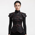 Black Faux Leather Corset Armor | Women's Gothic Burgundy Trim Bodice, Steampunk Warrior Costume Top
