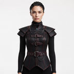 Black Faux Leather Corset Armor | Women's Gothic Burgundy Trim Bodice, Steampunk Warrior Costume Top