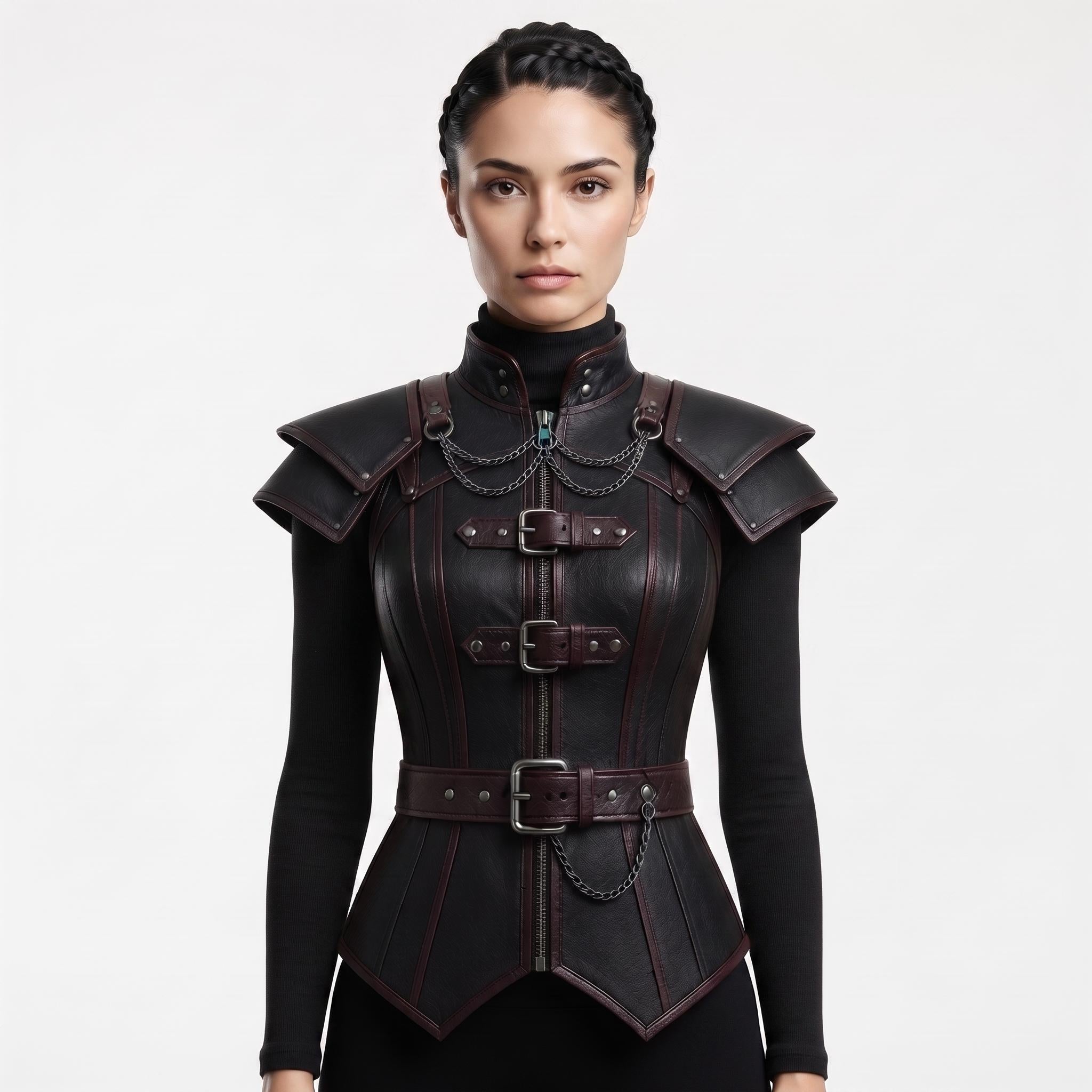 Black Faux Leather Corset Armor | Women's Gothic Burgundy Trim Bodice, Steampunk Warrior Costume Top