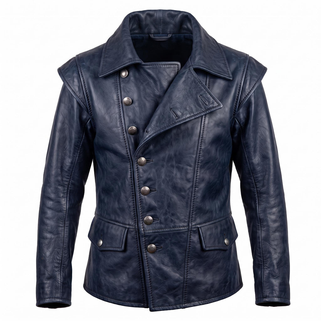 Men's Navy Blue Asymmetrical Military Leather Jacket – Handmade Blazer Coat