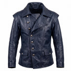 Men's Navy Blue Asymmetrical Military Leather Jacket – Handmade Blazer Coat