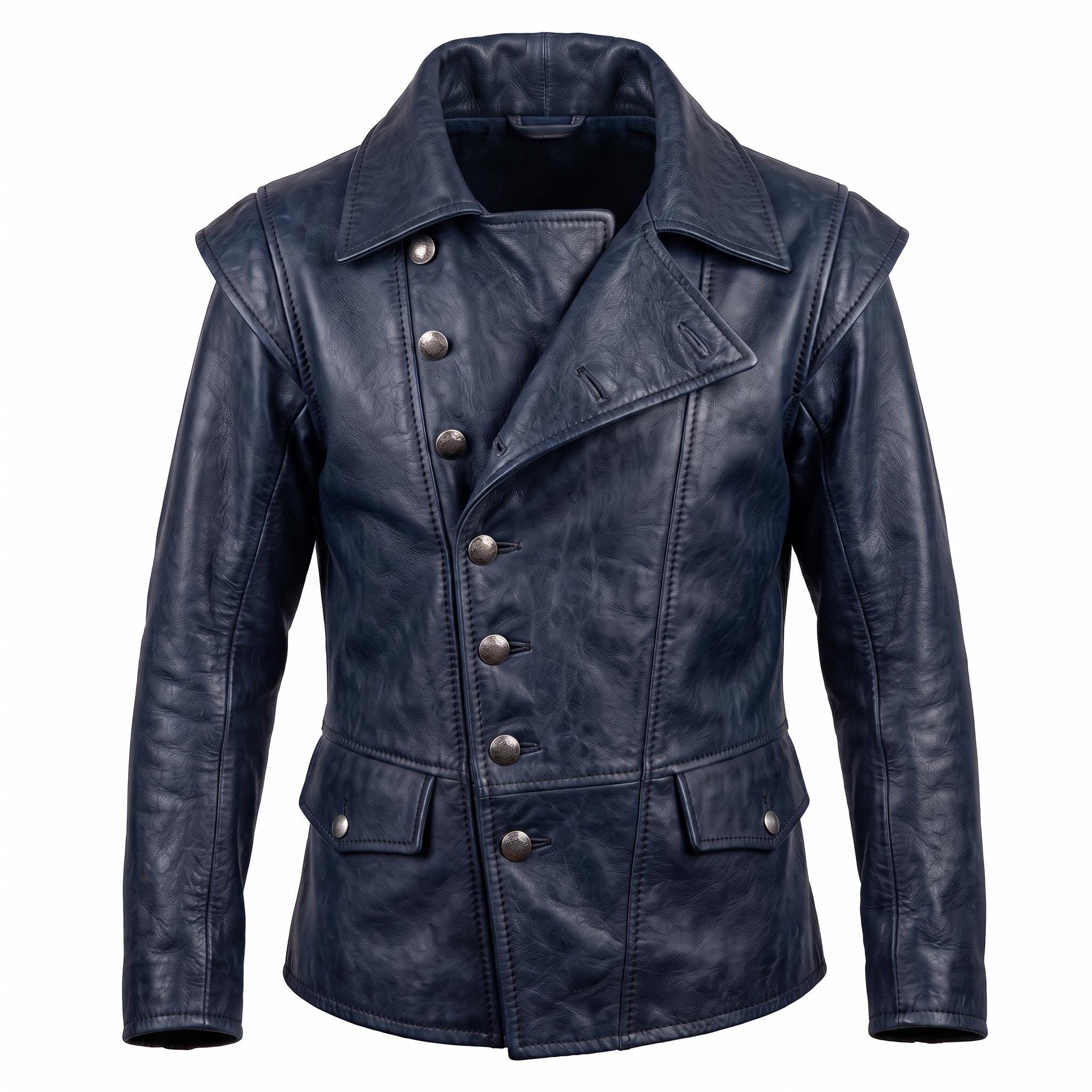 Men's Navy Blue Asymmetrical Military Leather Jacket – Handmade Blazer Coat