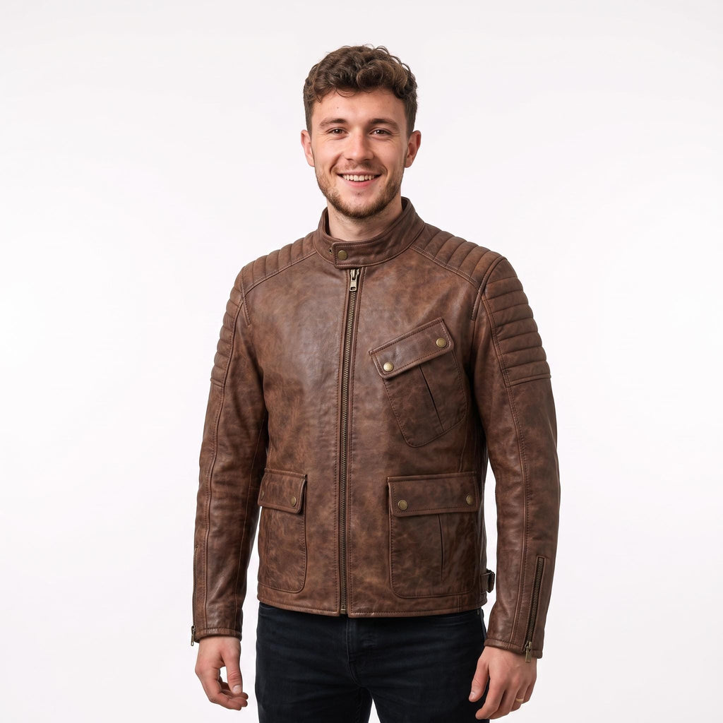 Men's Brown Distressed Leather Utility Jacket | Han Solo Inspired Biker Coat