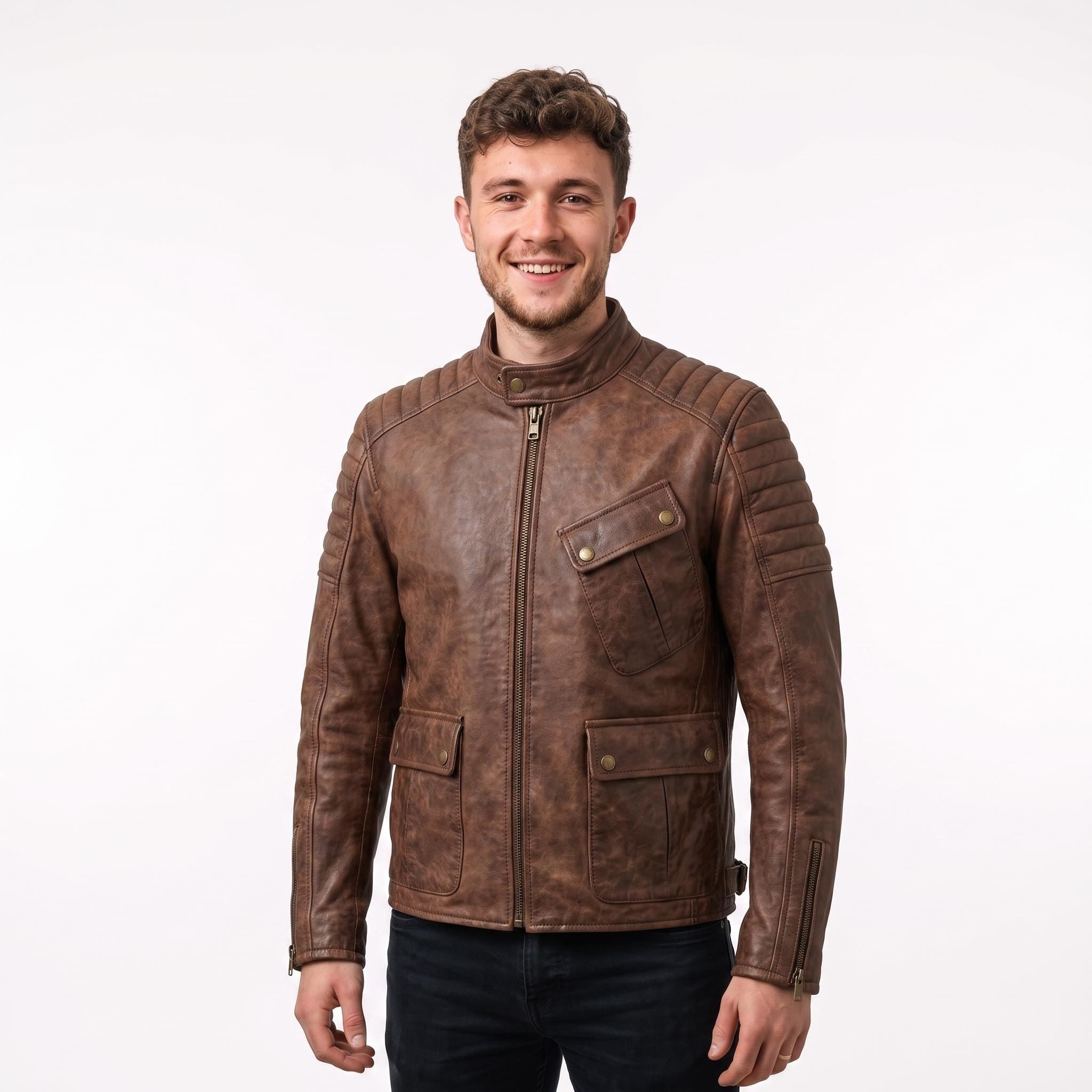Men's Brown Distressed Leather Utility Jacket | Han Solo Inspired Biker Coat