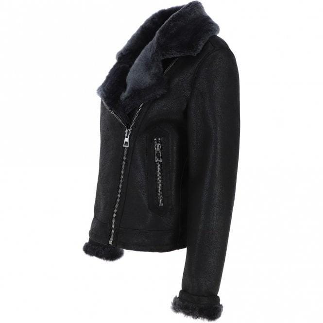 Black Crinkled Leather Aviator Jacket, Women's Shearling Trim Bomber