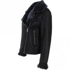 Black Crinkled Leather Aviator Jacket, Women's Shearling Trim Bomber