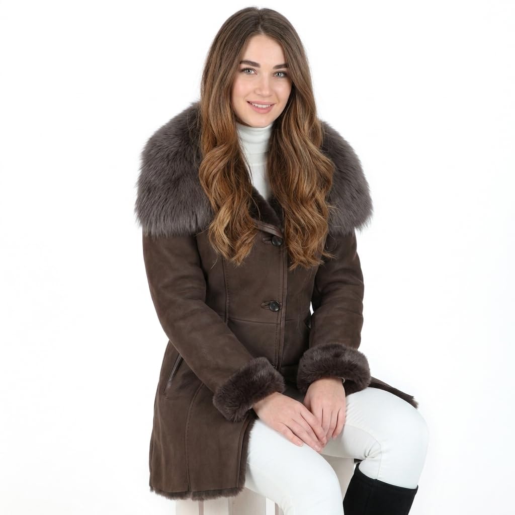 Women's Sheepskin Long Hair Toscana Lapel Coat Brown