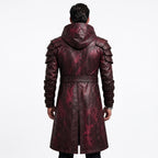 Men's Distressed Burgundy Leather Hooded Armor Coat | Medieval Viking Gothic Cosplay Jacket