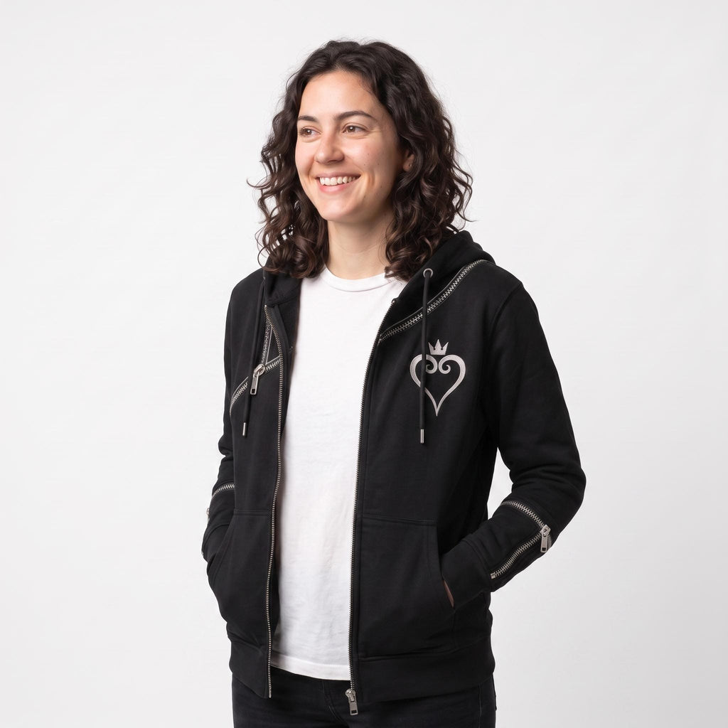 Women's Kingdom Hearts Black Zip-Up Hoodie | Fleece Gaming Sweatshirt | Keyblade Graphic Cosplay Jacket