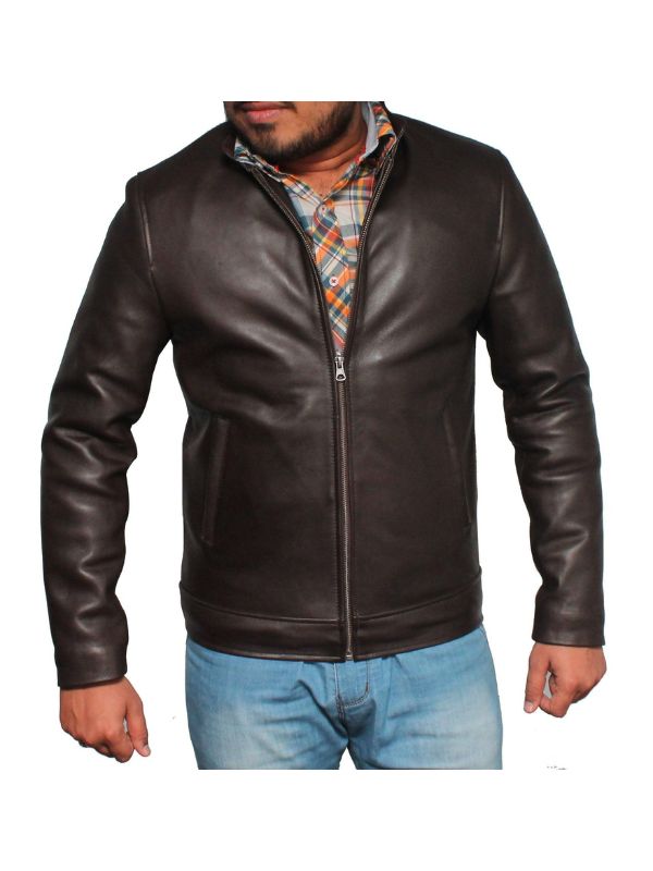 Men's Casual Style Classic Leather Jacket - Dark Brown