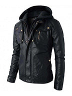 New Men’s Motorcycle Brando Style Biker Real Leather Detachable Hoodie Jacket – Black