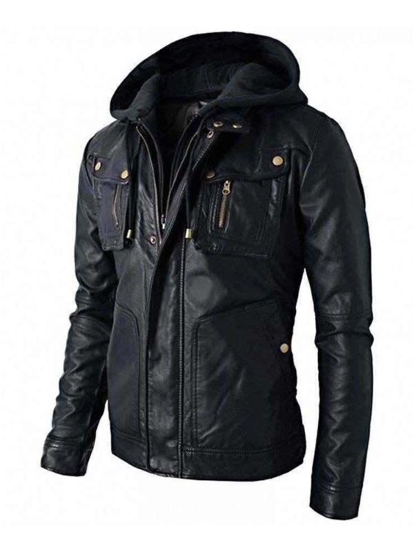 New Men’s Motorcycle Brando Style Biker Real Leather Detachable Hoodie Jacket – Black