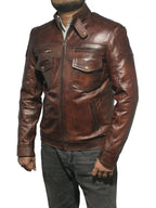 Men Strap Pocket Classic Leather Jacket - Brown