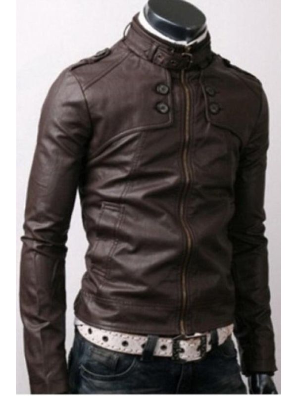 Slim Fit Button Pockets Rider Dark Brown Leather Jacket