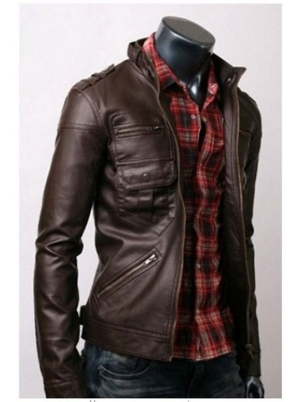 zip pocket brown leather jacket