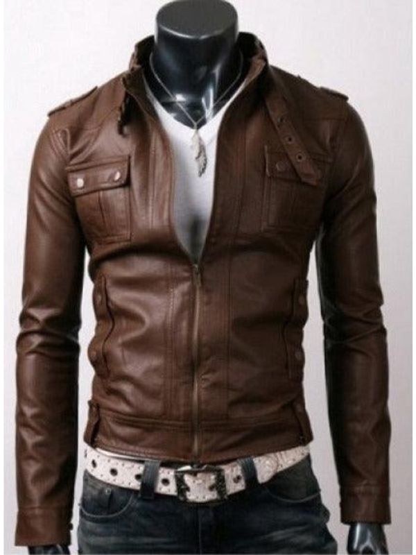 Strap Pocket Slim-Fit Light Brown Leather Jacket