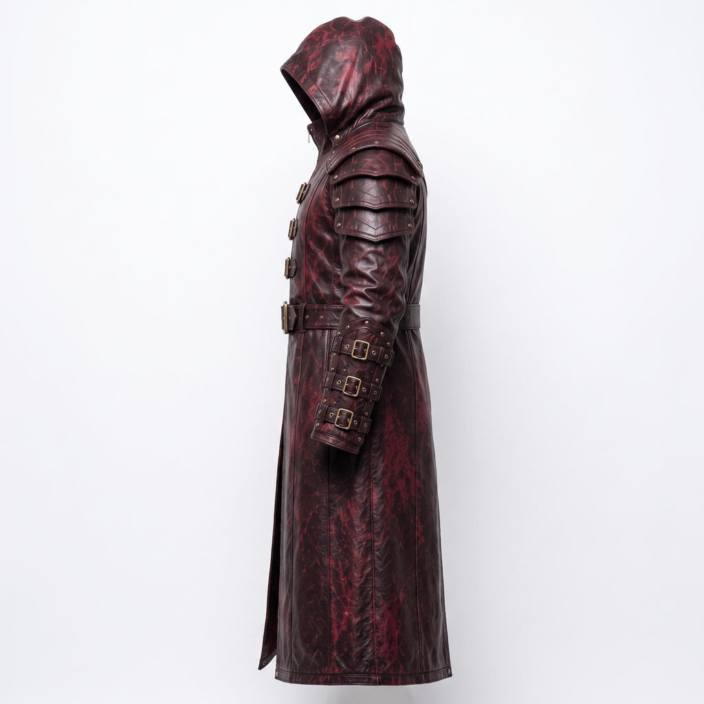 Men's Distressed Burgundy Leather Hooded Armor Coat | Medieval Viking Gothic Cosplay Jacket