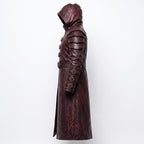 Men's Distressed Burgundy Leather Hooded Armor Coat | Medieval Viking Gothic Cosplay Jacket
