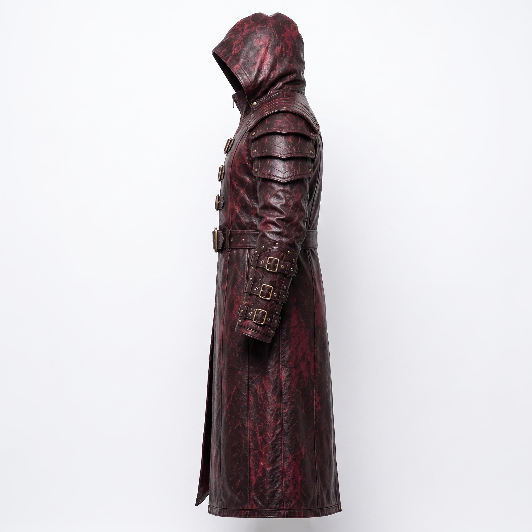 Men's Distressed Burgundy Leather Hooded Armor Coat | Medieval Viking Gothic Cosplay Jacket