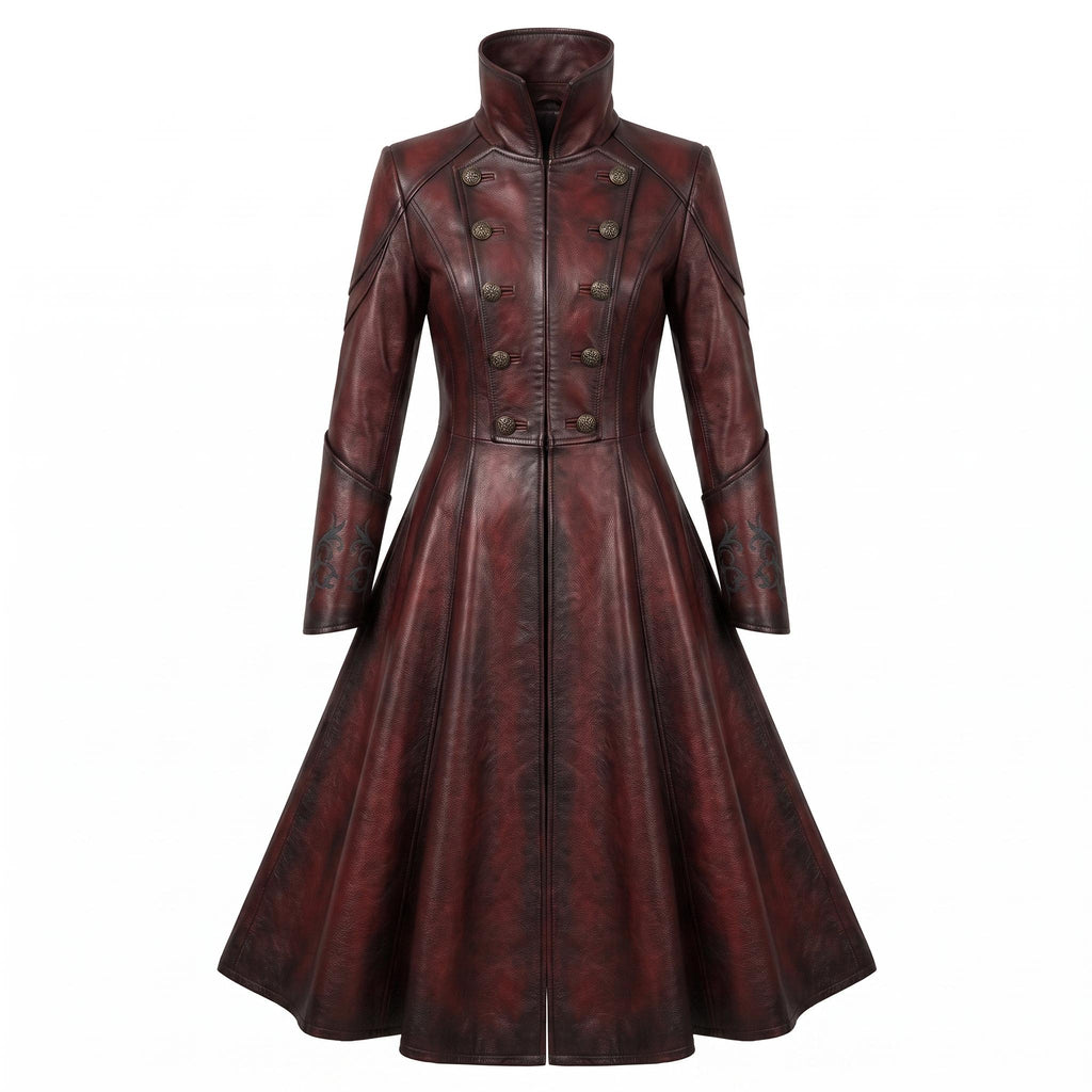 Women's Gothic Vampire Queen Leather Coat | Distressed Burgundy Victorian Cosplay Jacket