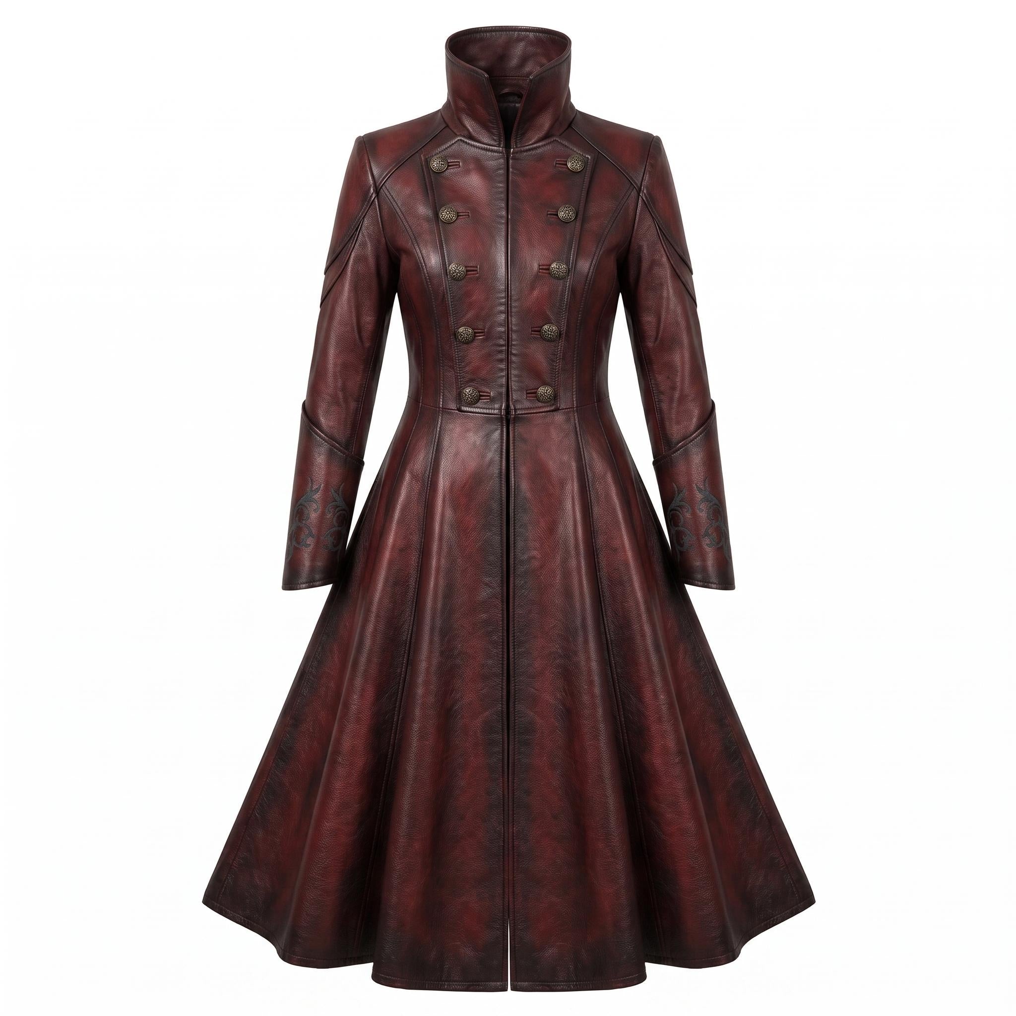 Women's Gothic Vampire Queen Leather Coat | Distressed Burgundy Victorian Cosplay Jacket