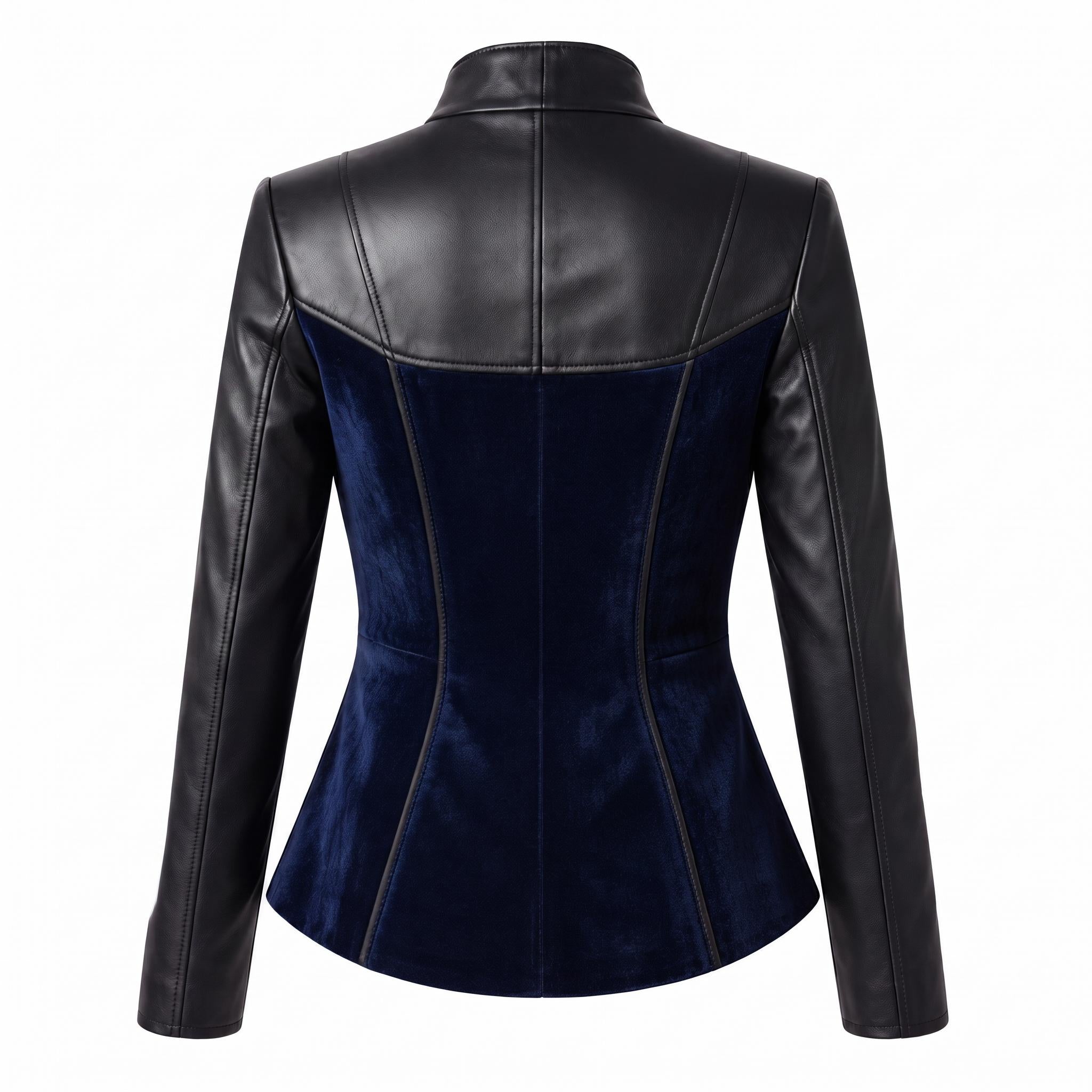 Women's Black Leather Blue Velvet Asymmetrical Military Jacket – Gothic Victorian Blazer