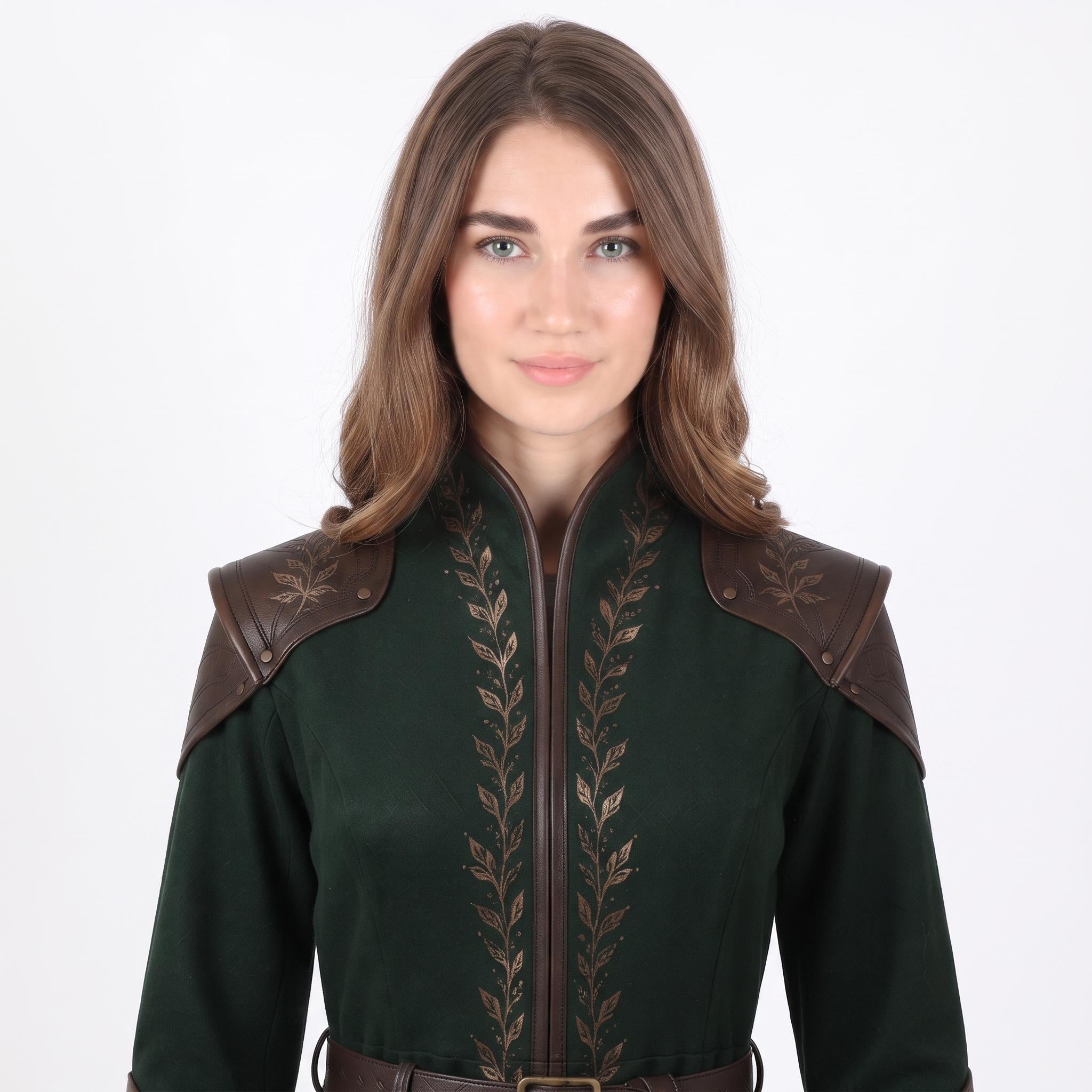 Women's Dark Green Elven Ranger Coat with Leather Accents and Embroidery
