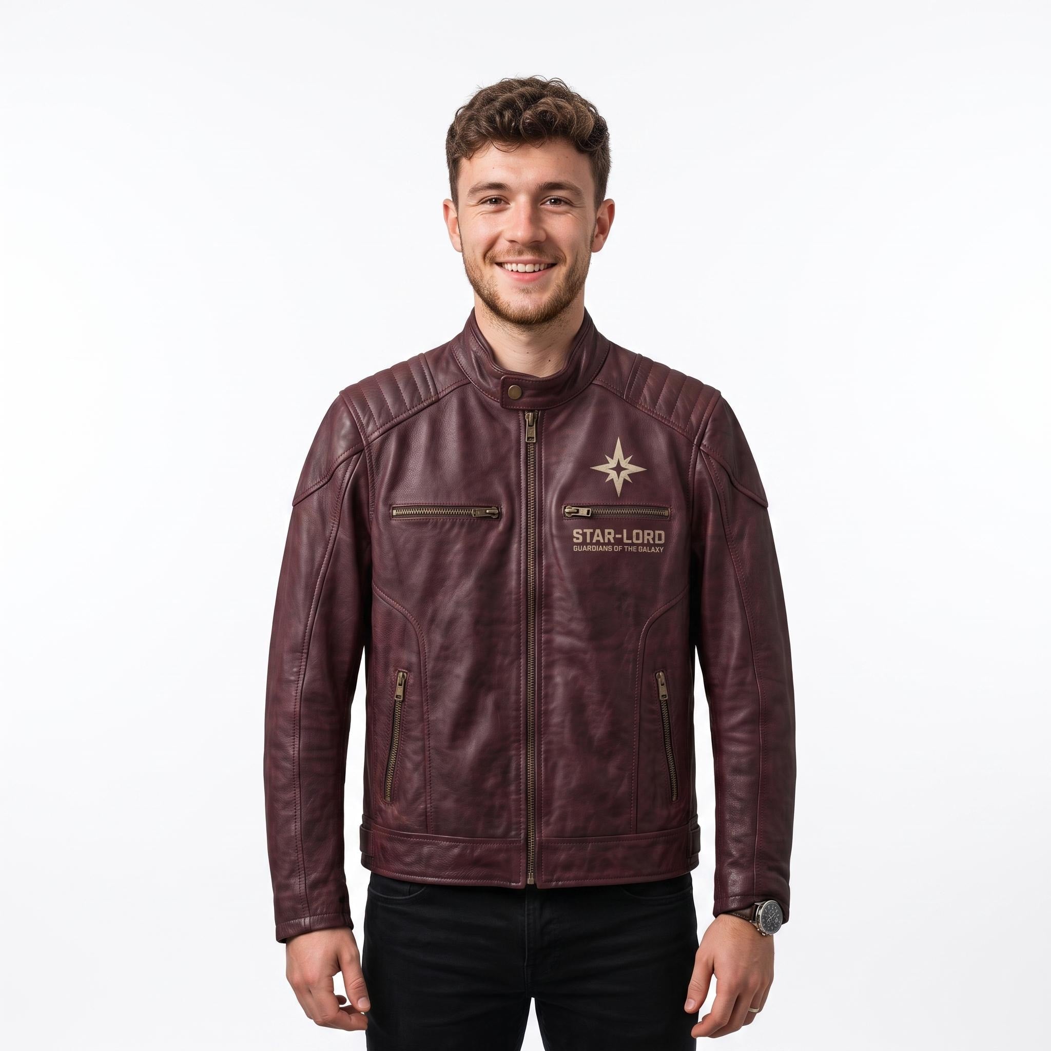 Men's Star-Lord Inspired Maroon Leather Jacket | Galactic Hero Cosplay Coat