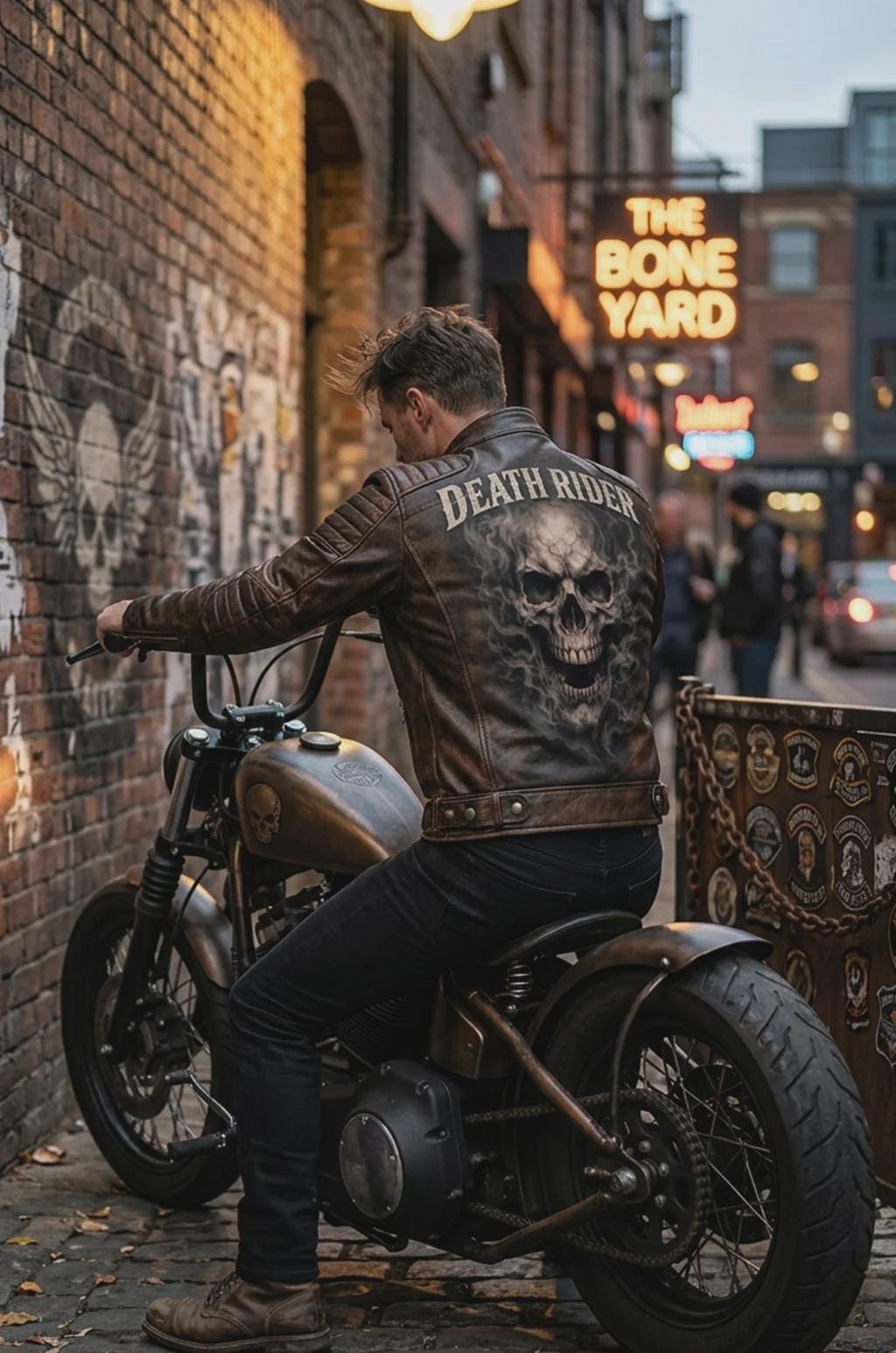 Motorcycle jacket with skull back | brown leather biker jacket | vintage moto style