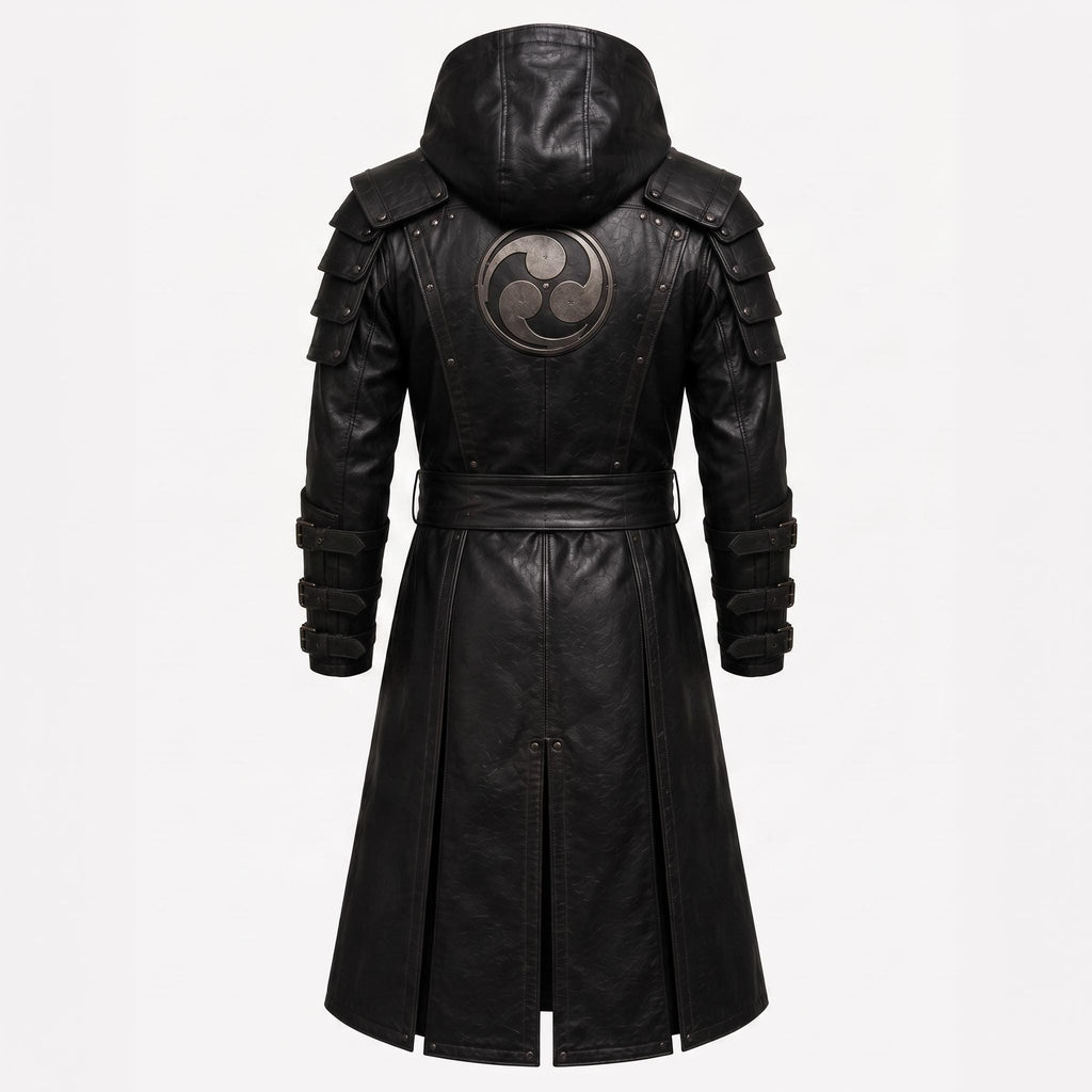 Black Leather Samurai Armor Trench Coat, Hooded Warrior Jacket, Gothic Cosplay Apparel