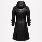 Black Leather Samurai Armor Trench Coat, Hooded Warrior Jacket, Gothic Cosplay Apparel