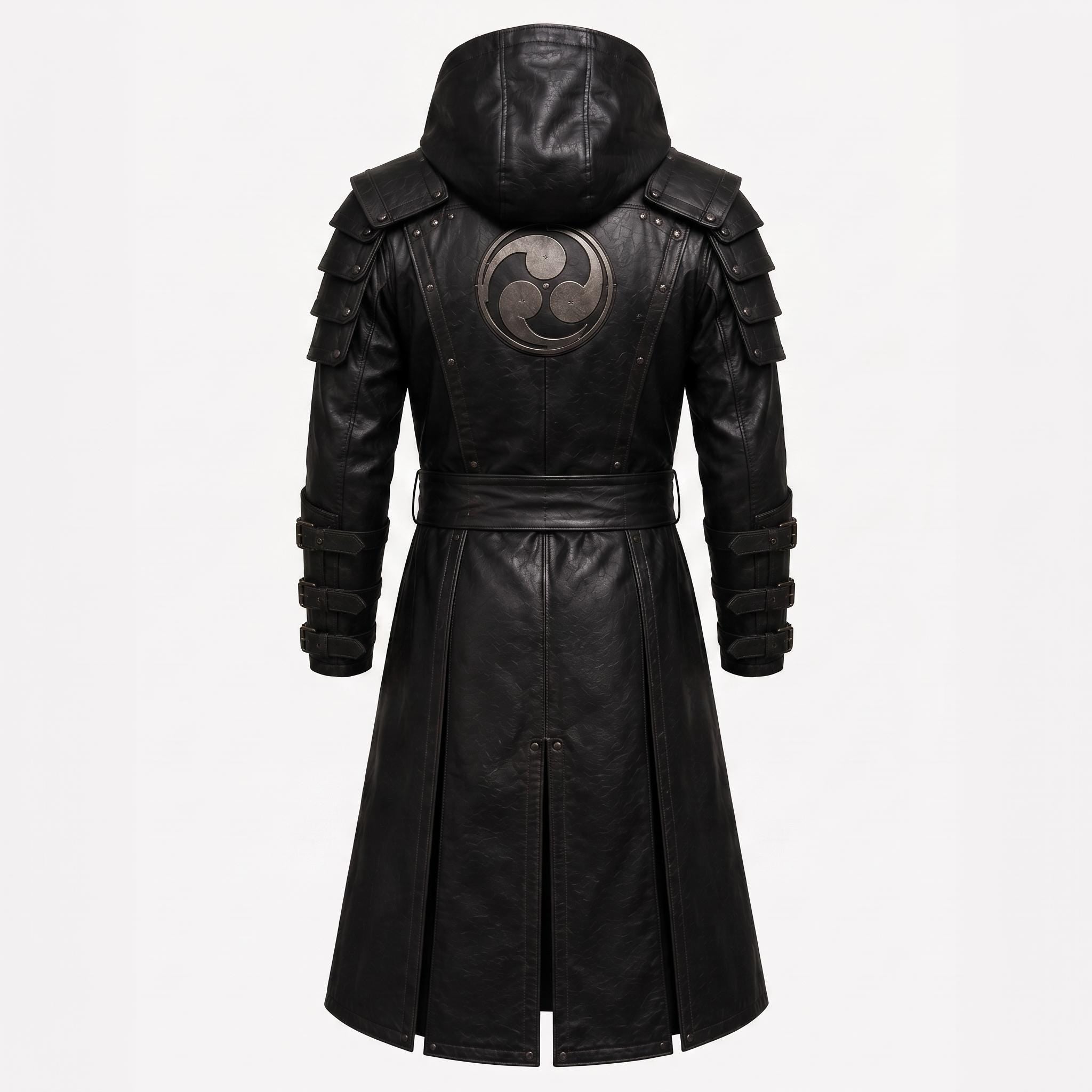 Black Leather Samurai Armor Trench Coat, Hooded Warrior Jacket, Gothic Cosplay Apparel
