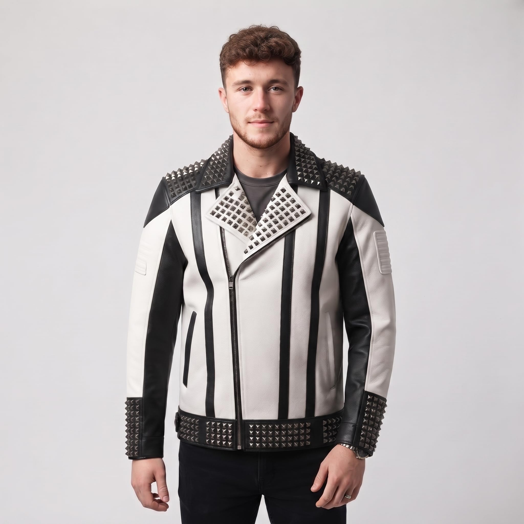 Men's Handmade Two-Tone Leather Biker Jacket | Studded Moto Punk Rock