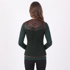 Women's Forest Green Suede Vest: Engraved Mountain Landscape, Leather Accents, Cottagecore Outerwear